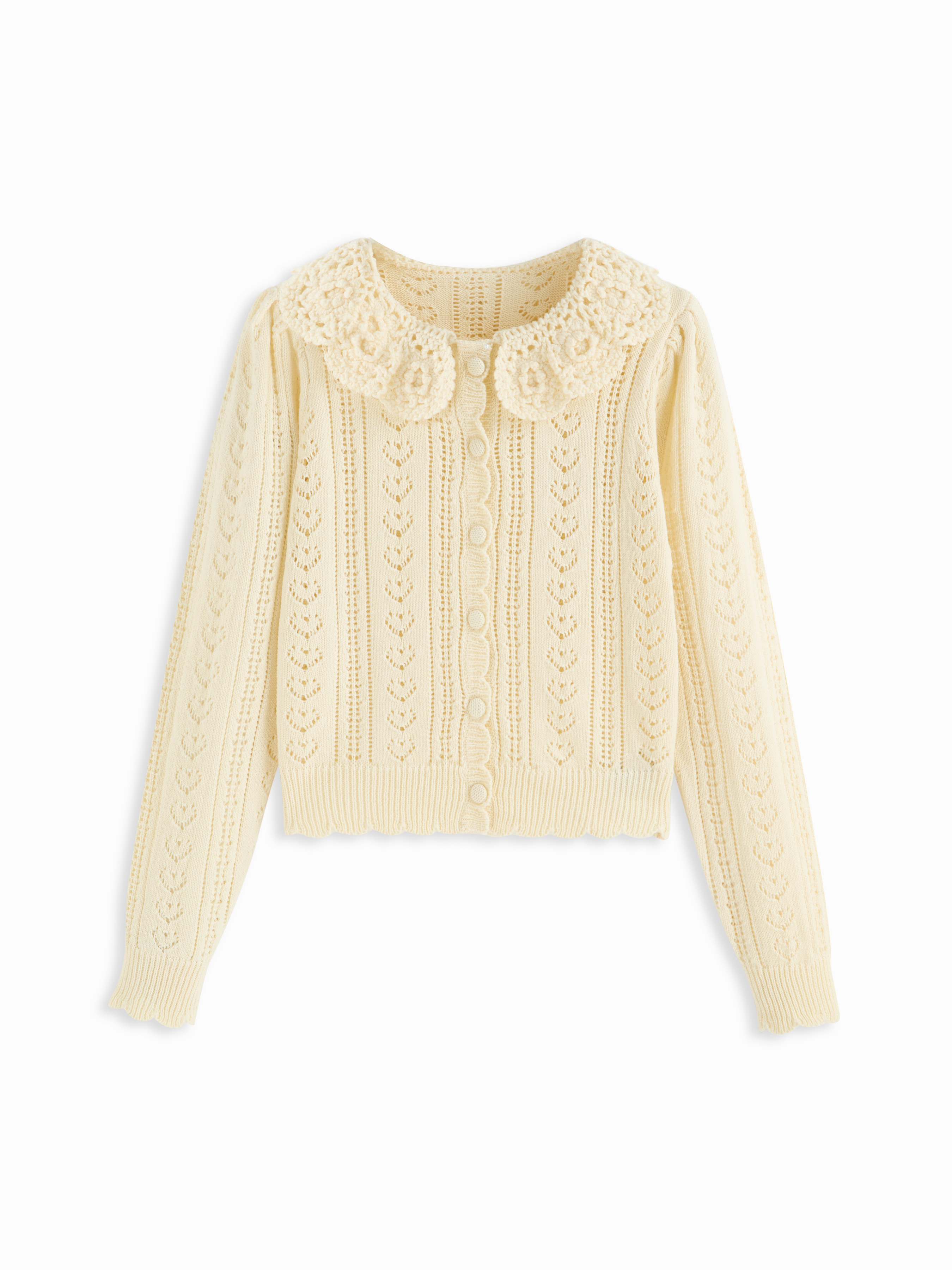 All'uncinetto Cardigan a maniche lunghe con colletto Peter Pan all'uncinetto, motivo a cuore traf... | Cider