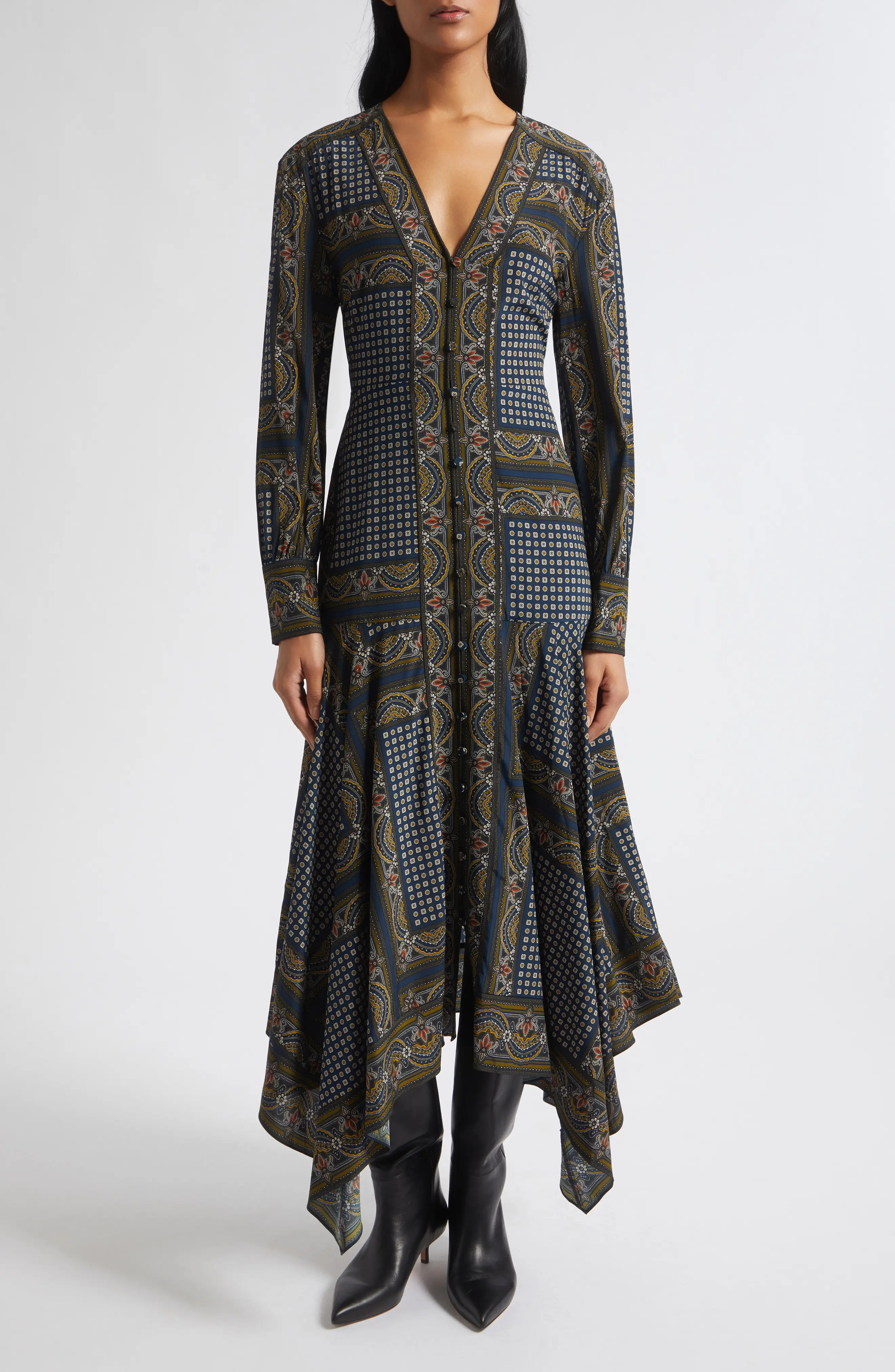 Veronica Beard Skye Tile Print Long Sleeve Handkerchief Hem Silk Blend Shirtdress in Heritage Navy Multi at Nordstrom, Size 6 | Nordstrom