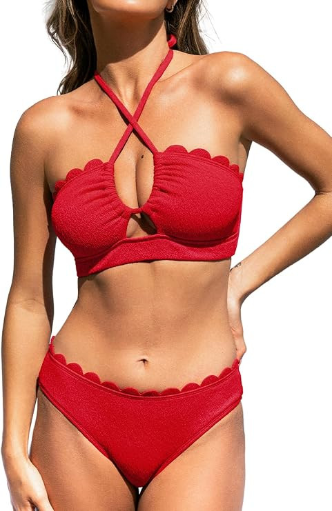 CUPSHE Women's Bikini Sets Adjustable Halter Strappy Swimsuit Crisscross Cutout Scalloped Mid Ris... | Amazon (US)