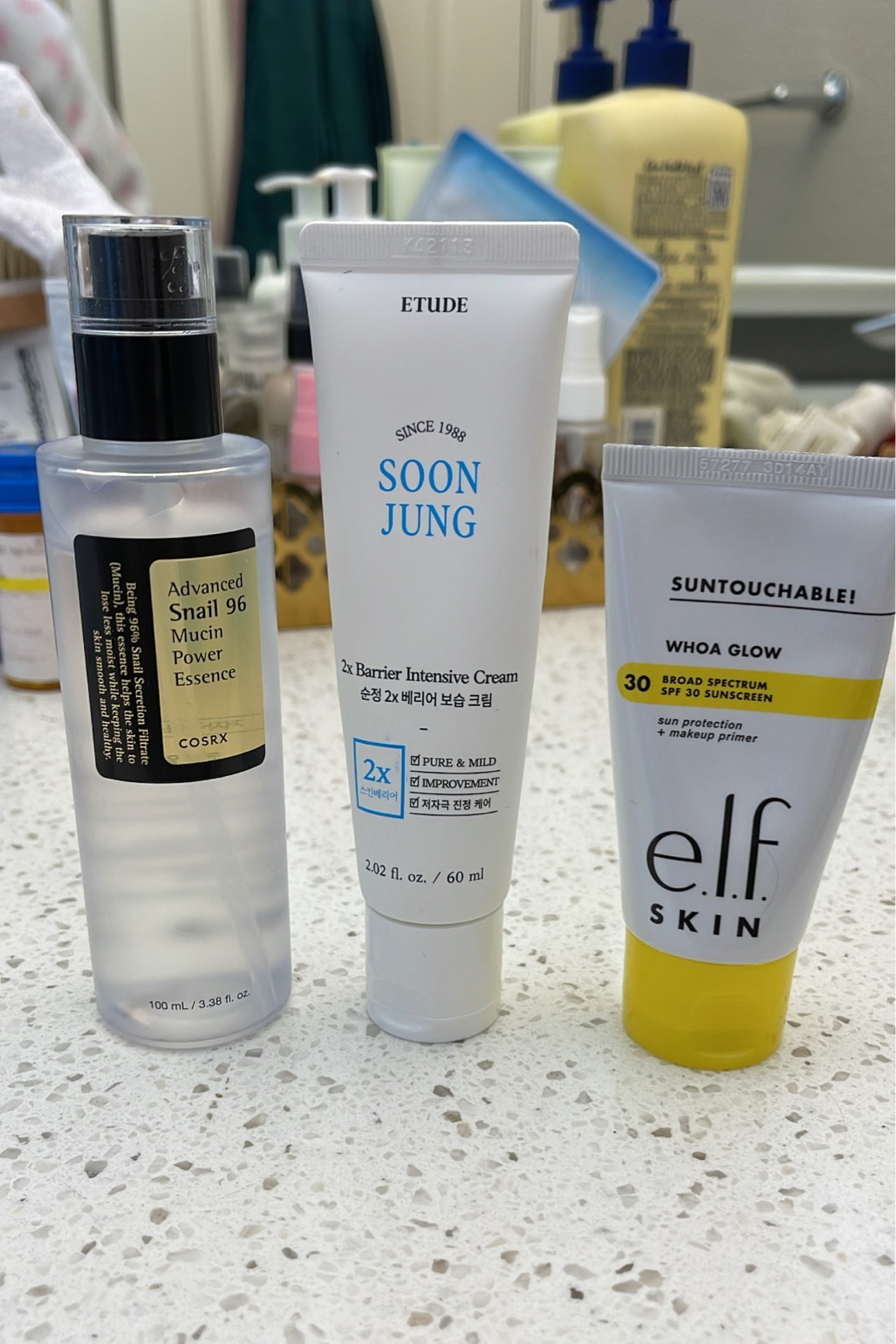 Today’s skincare line up! I love the snail mucin to add hydration to my face and the elf sunscreen adds a nice glow for when I leave the house! 