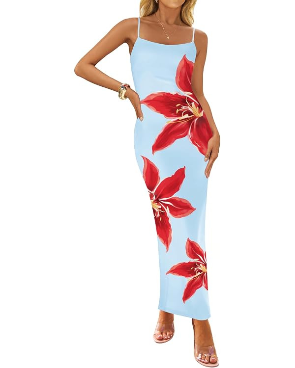 ZESICA Women’s Summer Bodycon Maxi Dresses 2026 Floral Spaghetti Strap Square Neck Sleeveless B... | Amazon (US)