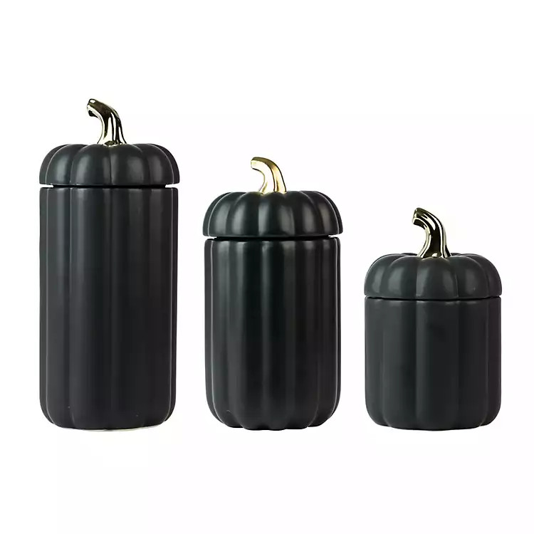 Black and Gold Ceramic Pumpkin Canisters, Set of 3 | Kirkland's Home