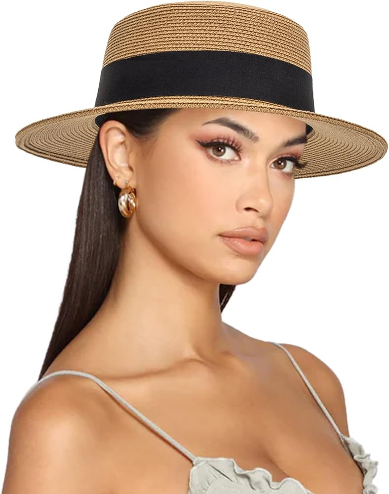 Straw Boater Summer Sun Hat - Wide Brim Fedora Panama Summer Beach Hat for Men Women(Size:Large) | Amazon (US)