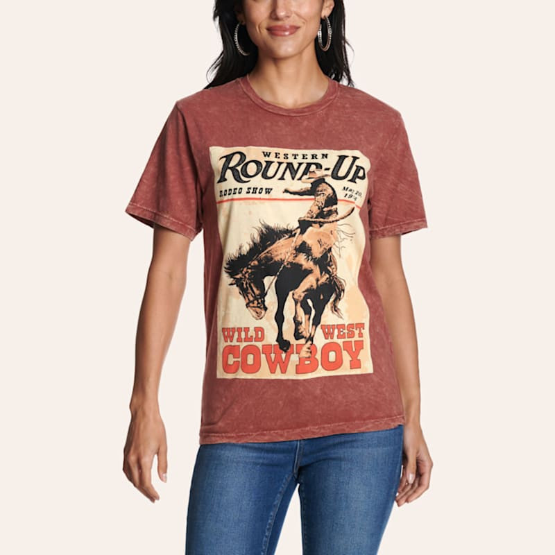 Lotus Fashion Women's Red Round Up Wild West Cowboy Graphic T-Shirt | Cavender's