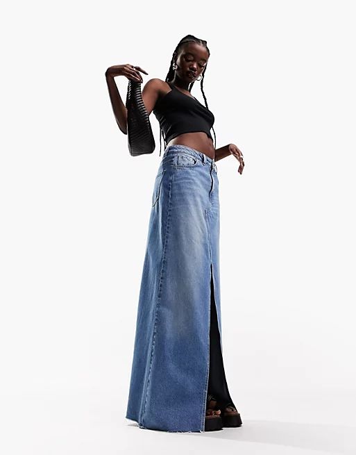 ASOS DESIGN lightweight denim maxi skirt with split front in blue | ASOS (Global)