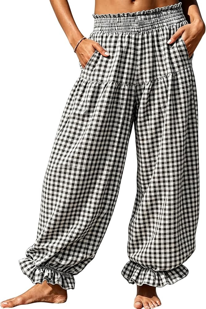 UATKIMI Women Gingham Wide Leg Pants Baggy Smocked Waist Balloon Trousers | Amazon (US)