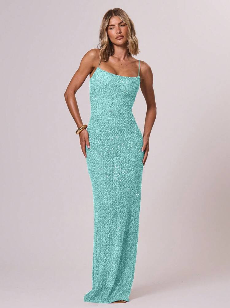 SHEIN X Eduarda Gutierrez MUSERA Sequin Knit Strappy Fitted Maxi Dress Ibiza Outfit Holiday Spring Summer Vacation Beach Wedding Guest Elegant Date Night Fall Fall Long Dress | SHEIN