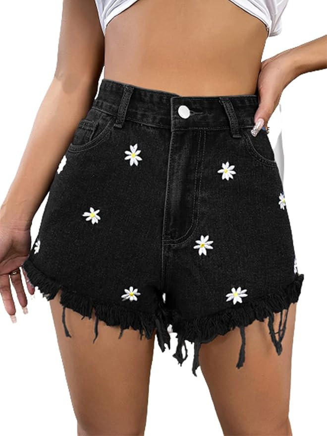 WDIRARA Women's Daisy Embroidery Floral Fringe Button Raw Hem Denim Shorts with Pocket Black M at... | Amazon (US)