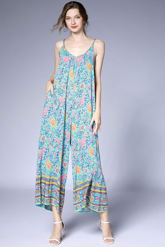 BUENOS NINOS Women's V Neck Floral Maxi Dress Boho Printed Adjustable Spaghetti Strap Ethnic Beach L | Amazon (US)