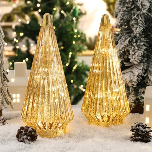 Christmas Decorations Indoor-2PCS Light Up Gold Glass Christmas Tree -Christmas Table Decorations Lighted for Home Living Room Fireplace Tabletop Party | Amazon (US)