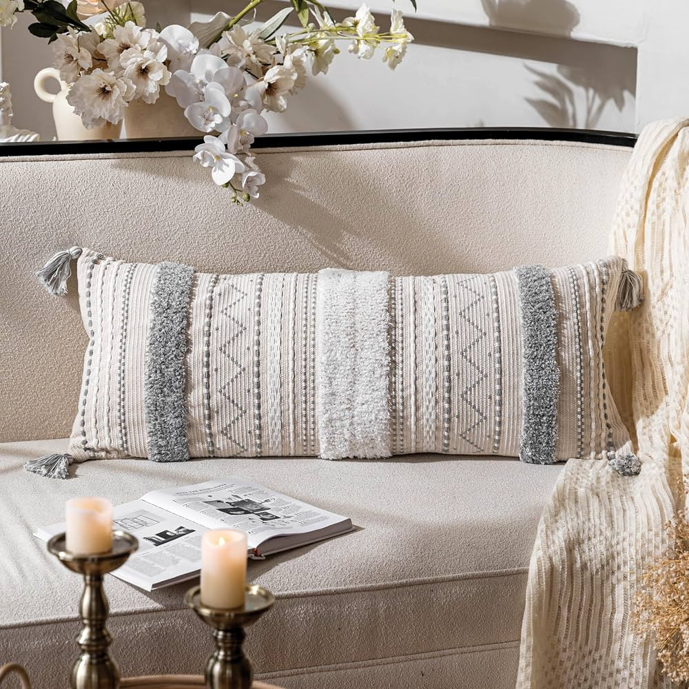 Gray Decorative Lumbar Throw Pillow Cover 14x36 Boho Long Cushion for Bed Neutral White Accent Fa... | Amazon (US)