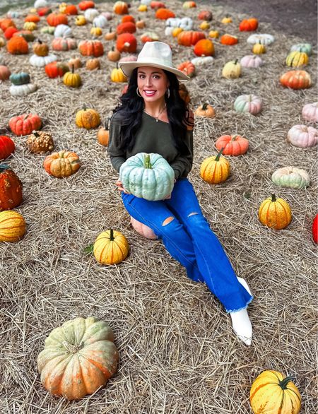 Under $30 amazon flare distressed jeans (size up), around $20 amazon off the shoulder lightweight sweater (small, 10+ colors), under $30 fedora tan hat and $40 target white western booties —the perfect fall pumpkin patch outfit #founditonamazon 

#LTKsalealert #LTKfindsunder50 #LTKSeasonal
