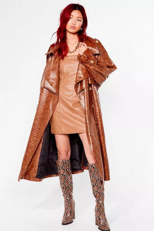 Croc Faux Leather Belted Trench Coat | Nasty Gal (US)