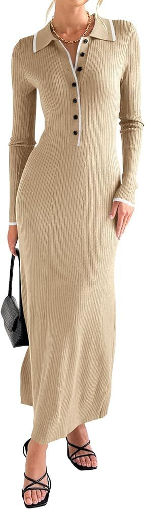 Langwyqu Womens Knit Long Sweater Dress Button V Neck Collared Long Sleeve Ribbed Bodycon Pullove... | Amazon (US)