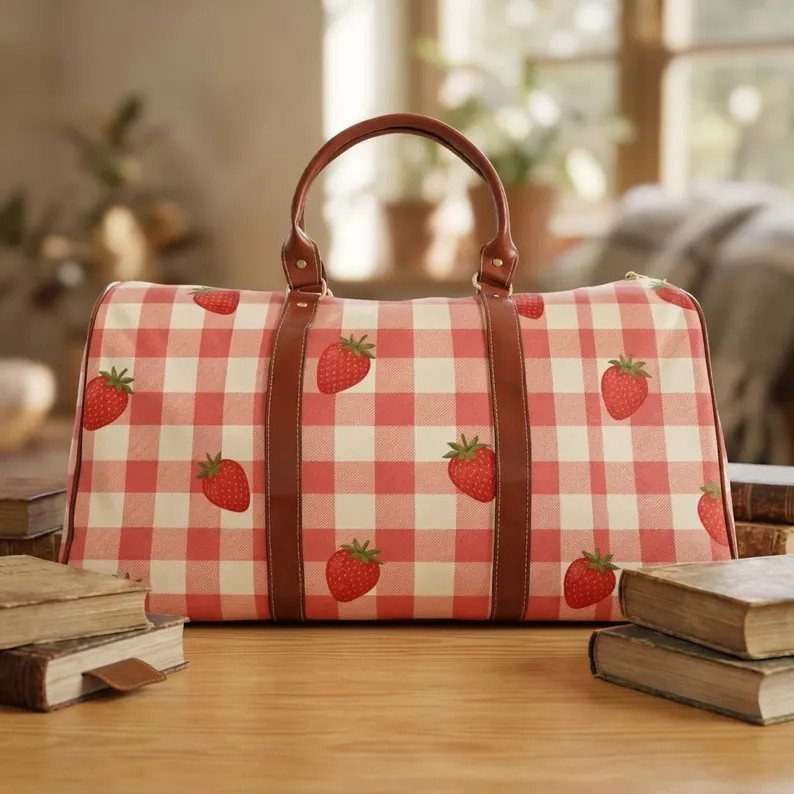 Strawberry Gingham Waterproof Travel Bag | Red Plaid Weekender Duffle | Etsy (Global)