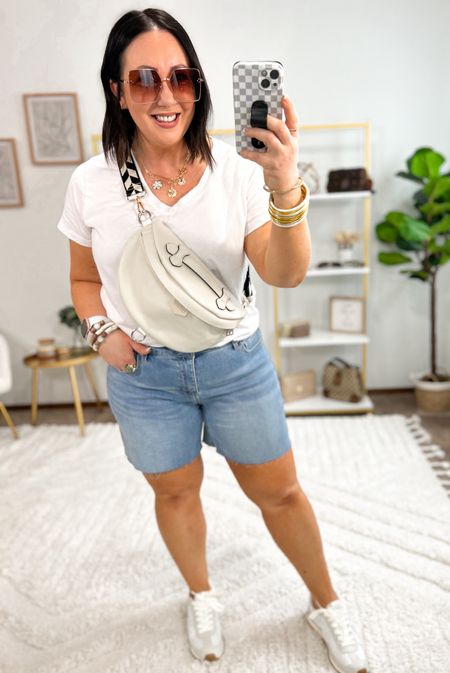 I feel like these 6 inch inseam denim shorts from Walmart are the perfect length!  Great stretch to them too!  Sized up to an xl in mine. XL tee. Sneakers run tts  

#LTKSeasonal #LTKFindsUnder50 #LTKMidsize