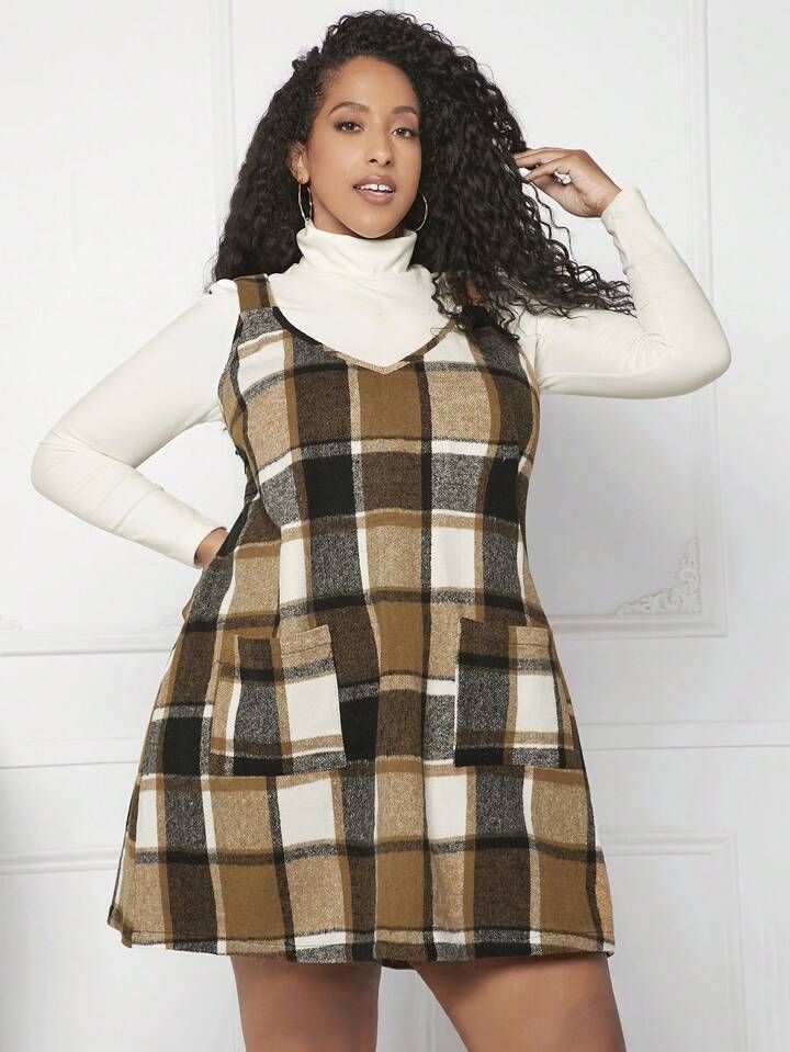 SHEIN CURVE+ Plus Plaid Print Dual Pocket Overall Dress Without Top | SHEIN