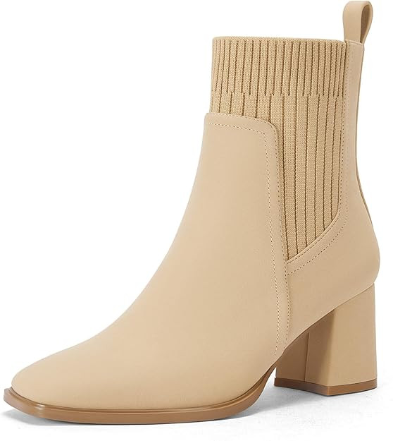 Coutgo Women's Slip On Ankle Boots Chunky Block Heel Square Toe Splicing Dress Sock Booties | Amazon (US)