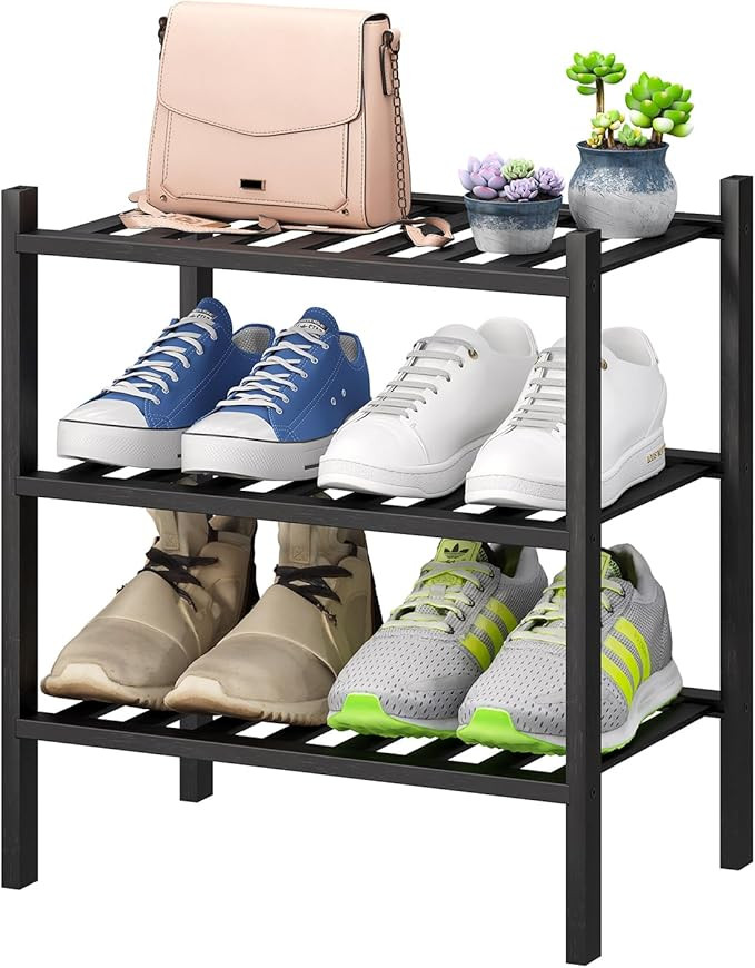 Small Shoe Rack for Entryway,3-Tier Black Bamboo Shoe Organizer for Hallway Closet, Free Standing... | Amazon (US)