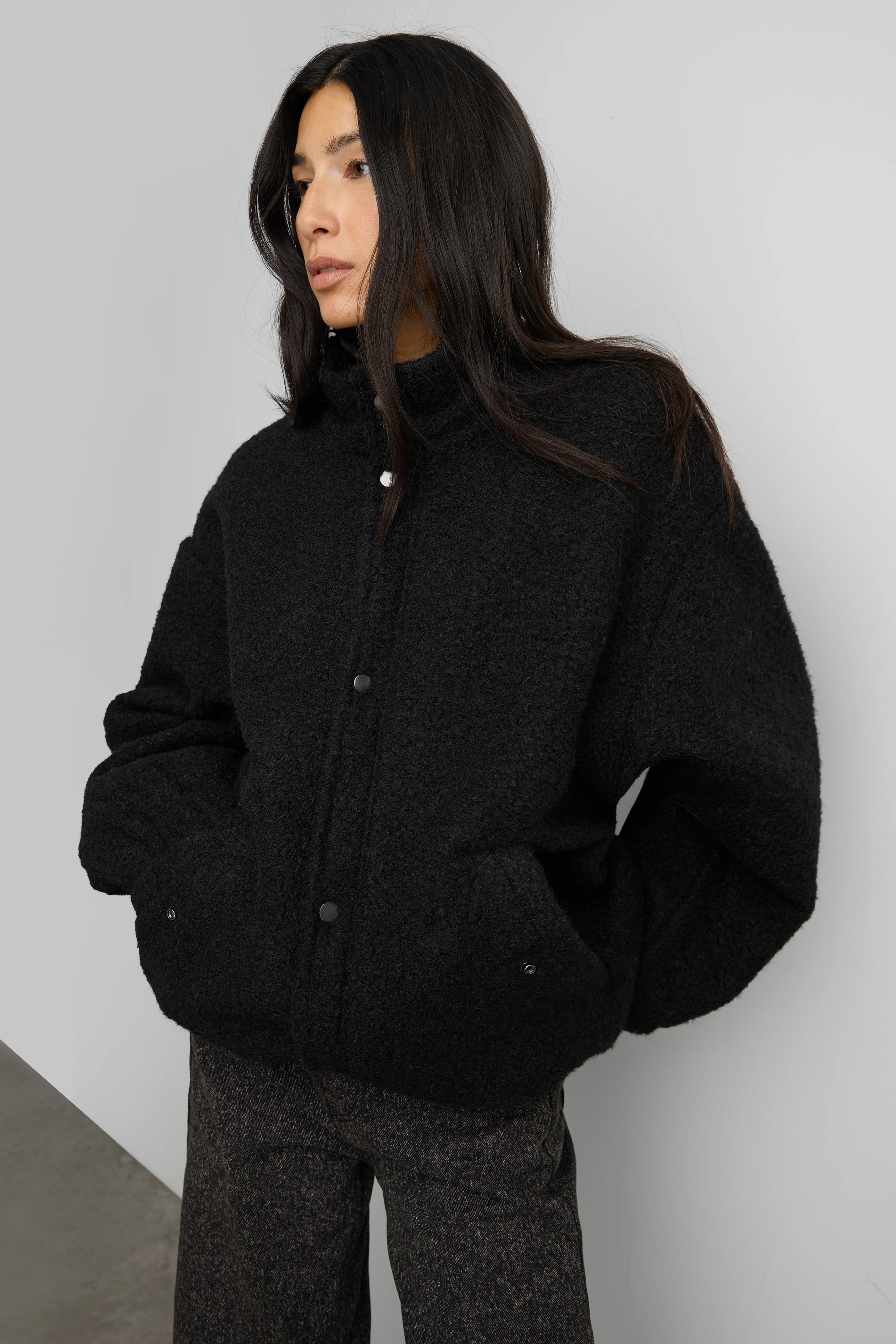 OVERSIZED BOUCLE JACKET WITH SNAP DETAIL Black / Small | OAK + FORT