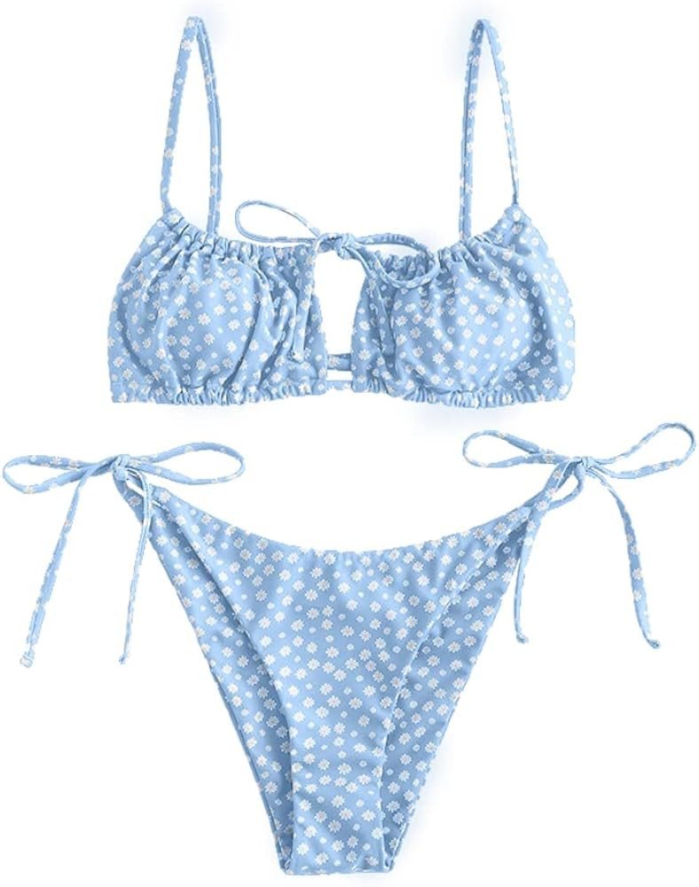 ZAFUL Women's Tie Cutout Keyhole Cami String Bikini Set Two Piece Swimsuit | Amazon (US)