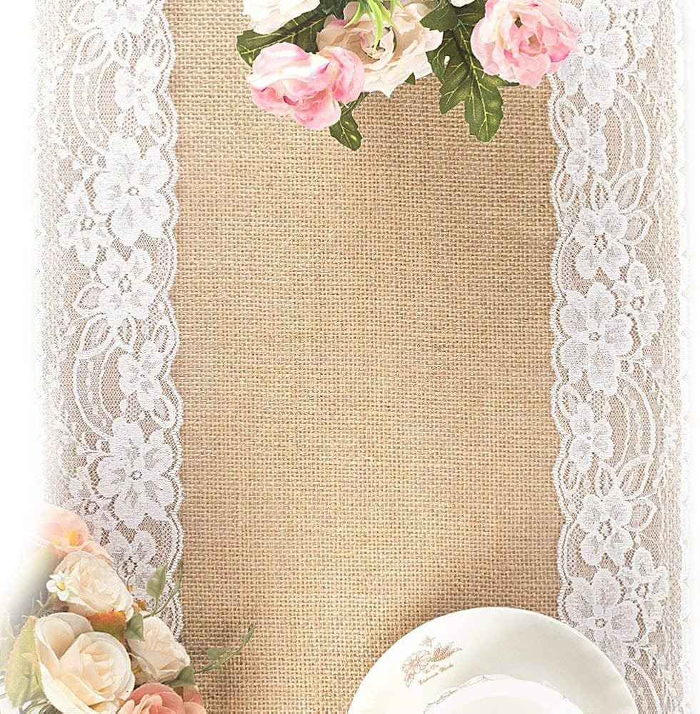 Tebery 2 Pack Lace Natural Jute Burlap Hessian Table Runner, Country Outdoor Wedding Party and Fa... | Amazon (US)