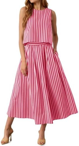 Tankaneo Womens 2 Piece Skirt Sets Summer Striped Sleeveless Tank Tops Midi Dress Travel Vacation... | Amazon (US)