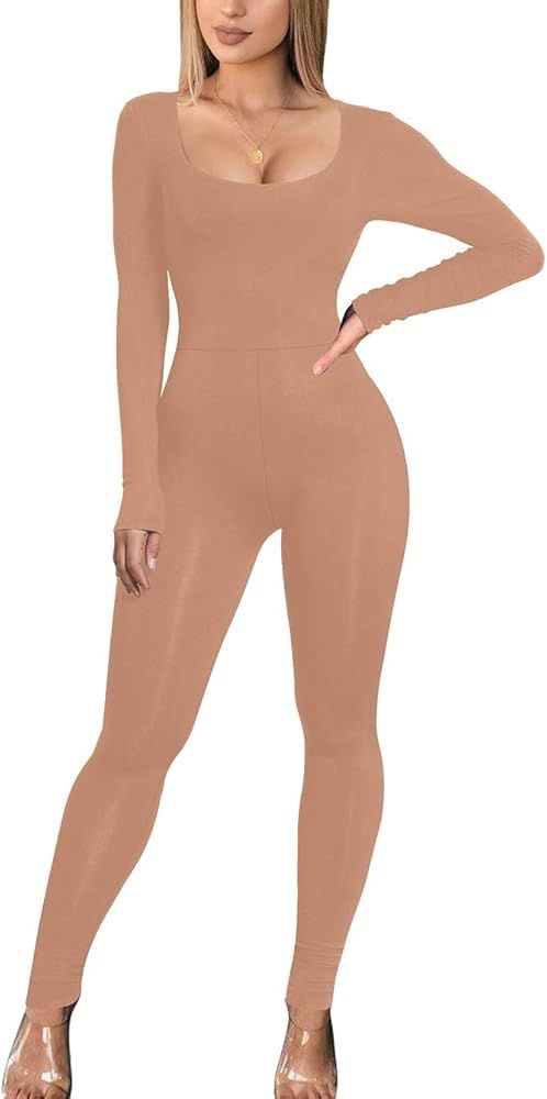 GOBLES Women's Sexy Long Sleeve High Waist Zipper Back Bodycon Jumpsuit Rompers | Amazon (US)