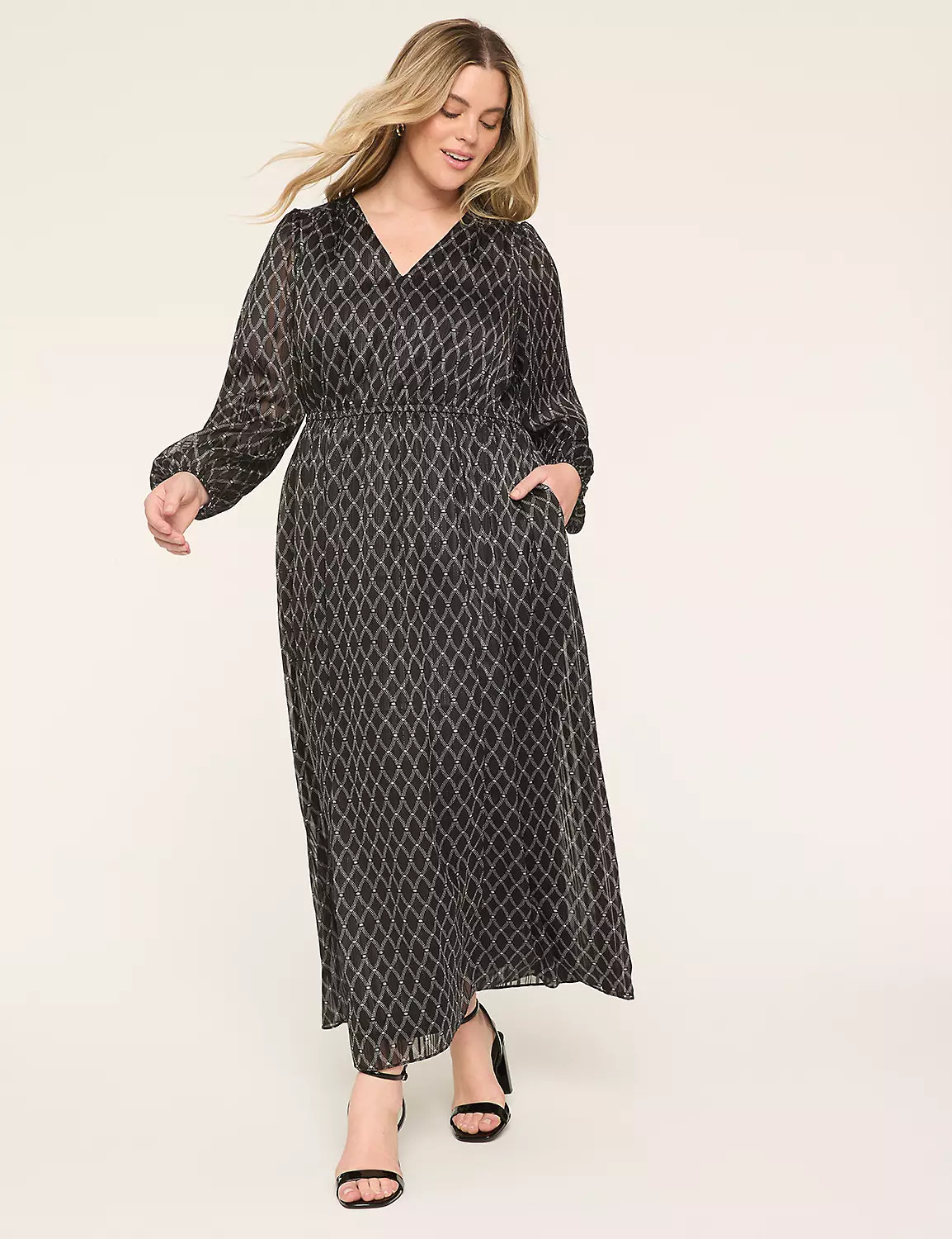 Lurex Long-Sleeve V-Neck Chiffon Maxi Dress | LaneBryant | Lane Bryant (US)