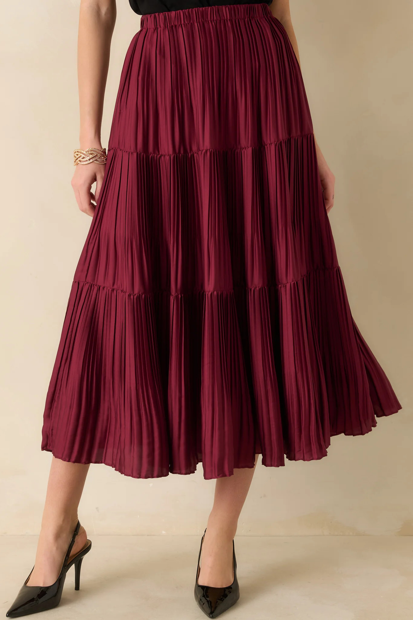 This Feels Right Burgundy Tiered Pleated Midi Skirt | Red Dress