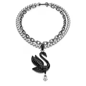 Swan choker and brooch, Crystal pearl, Swan, Black, Ruthenium plated by SWAROVSKI | SWAROVSKI