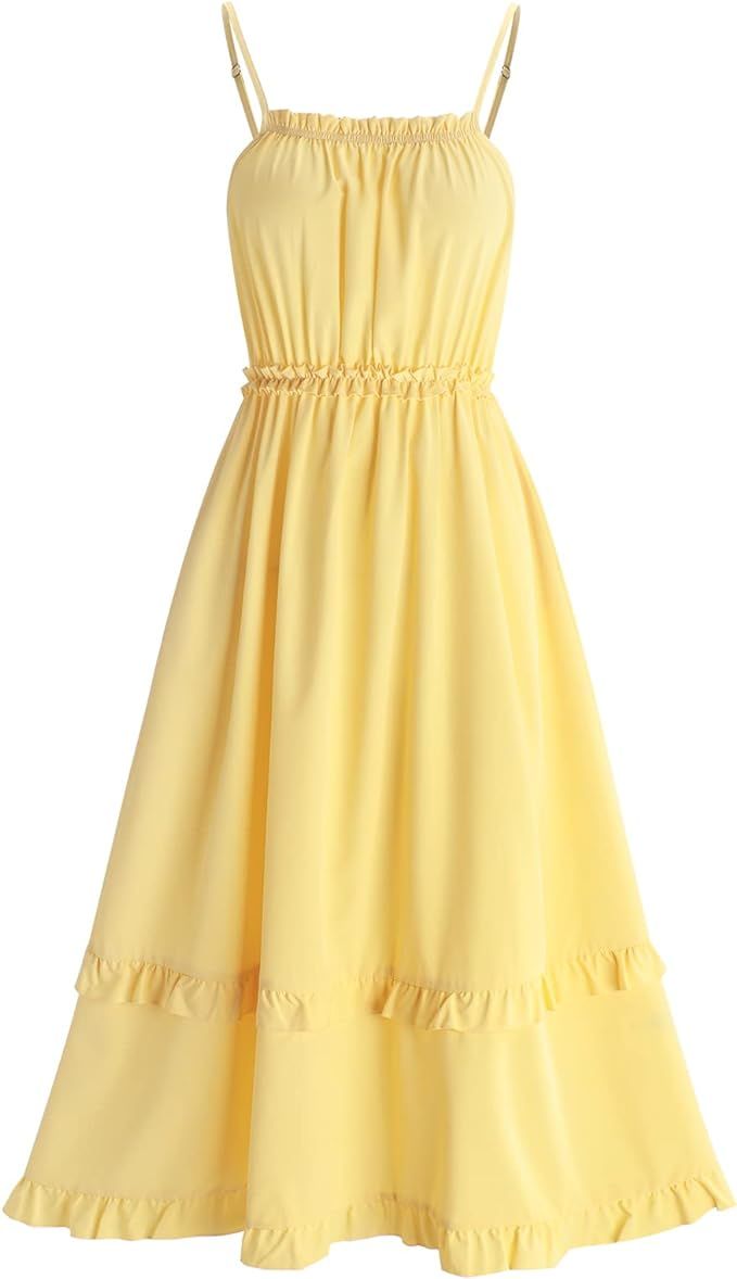 ZAFUL Women's Sleeveless Spaghetti Straps Floral Print Side High Split Self Tie Ruffled Dress | Amazon (US)