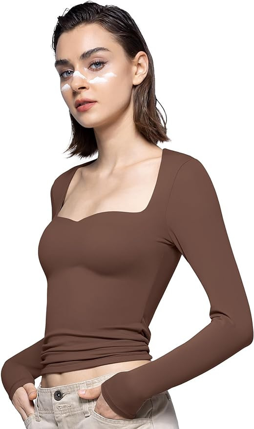 PUMIEY Women's Long Sleeve T Shirts Sweetheart Neck - Slim Fit Going Out Tops Sexy Basic Tee Smok... | Amazon (US)