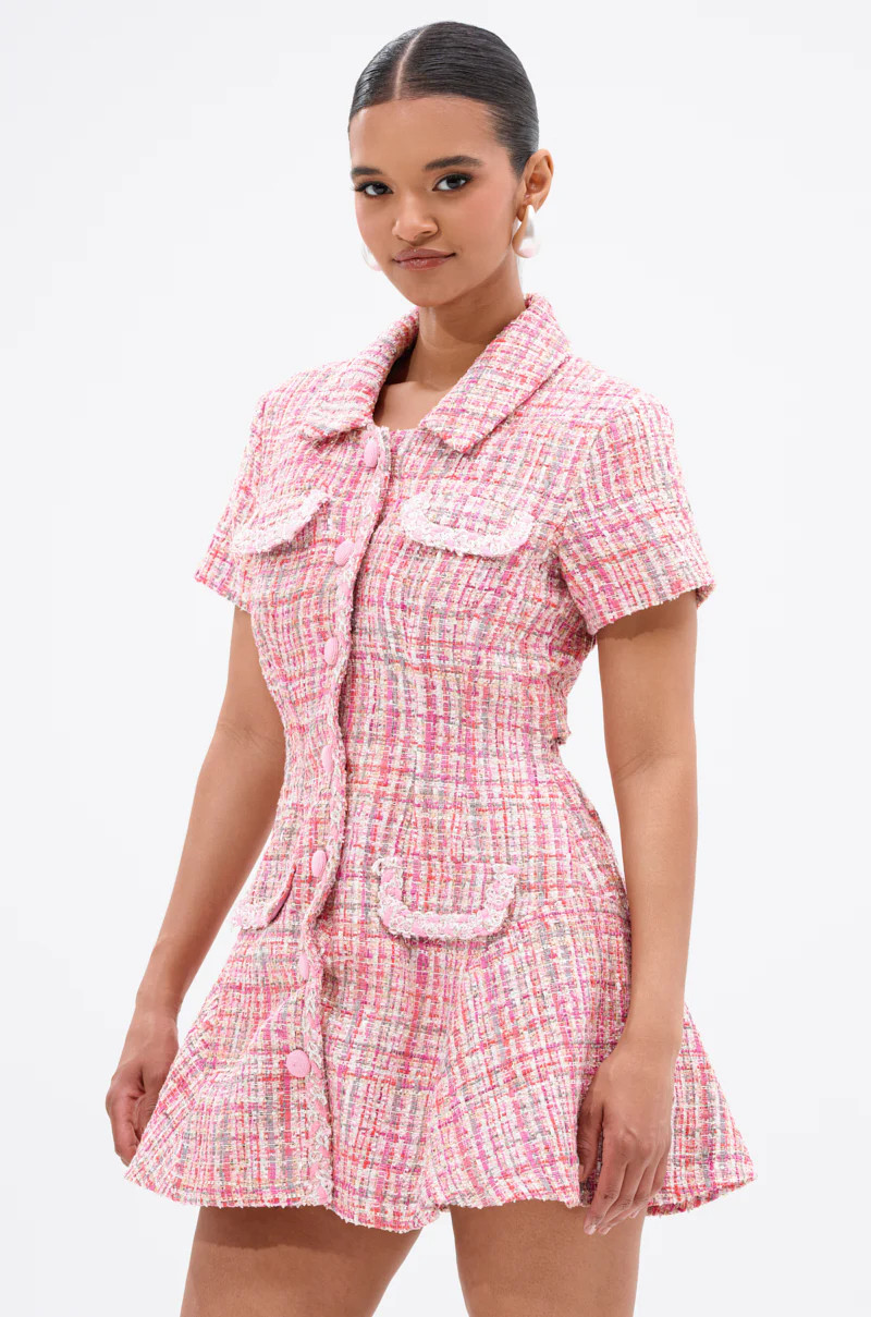TAKE NOTES TWEED MINI DRESS IN PINK | AKIRA