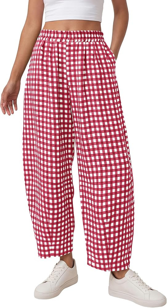 PRETTYGARDEN Plaid Barrel Pants Women Summer 2026 Casual Loose Wide Leg Lounge Gingham Trousers S... | Amazon (US)