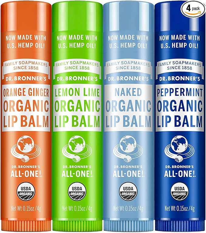 Dr. Bronner's - Organic Lip Balm Variety Peppermint, Orange Ginger, Naked, Lemon Lime) - Made wit... | Amazon (US)