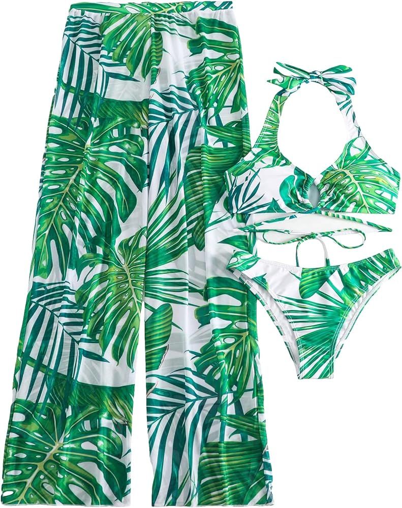Verdusa Women's 3 Piece Tropical Print Halter Bikini Swimsuit with Cover Up Pants | Amazon (US)