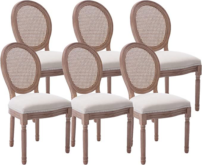 French Dining Chair Set of 6 Upholstered Vintage Farmhouse Chair with Round Backrest Rattan Dinin... | Amazon (US)