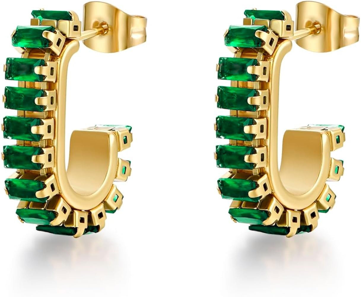 Green Crystal huggie gold hoop earrings for women Girls,14K Gold Plated with 925 Sterling Silver ... | Amazon (US)