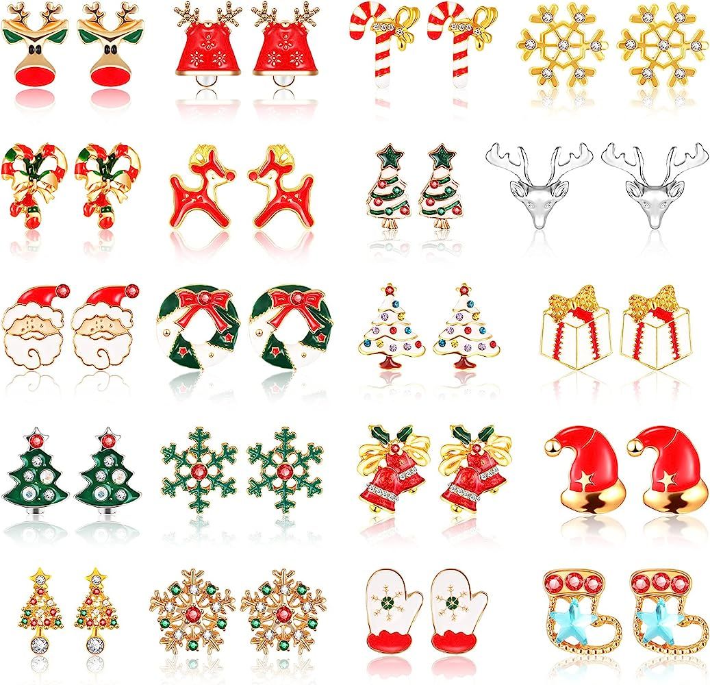 20 Pairs Women Christmas Stud Earrings Santa Claus Bell Snowflake Elk Sleigh Christmas Tree Stud ... | Amazon (US)