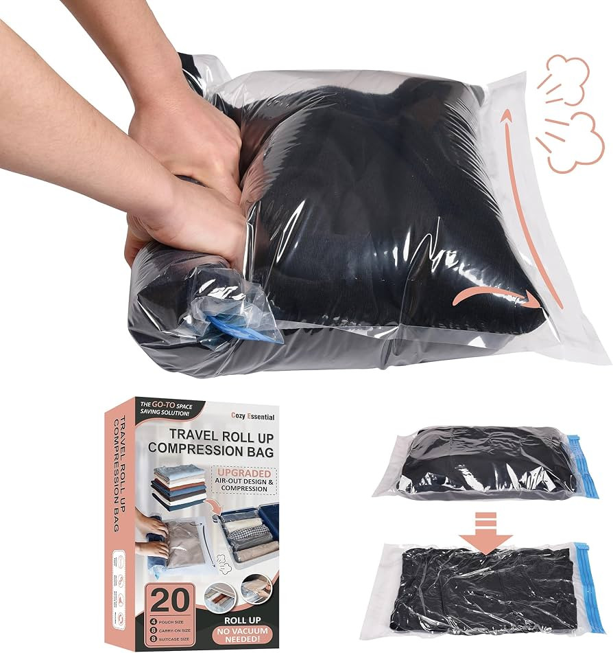 20 Travel Compression Bags, Hand Roll Up Travel Space Saver Bags for Luggage No Vacuum Needed, Cr... | Amazon (US)