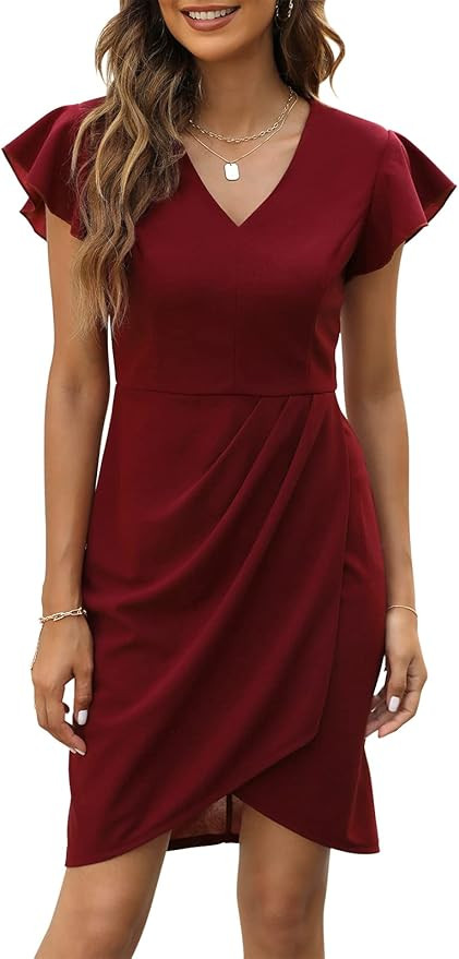 Manydress Women's Flutter Sleeve Bodycon V Neck Summer Dress Wrap Ruched Wedding Guest Mini Dress... | Amazon (US)
