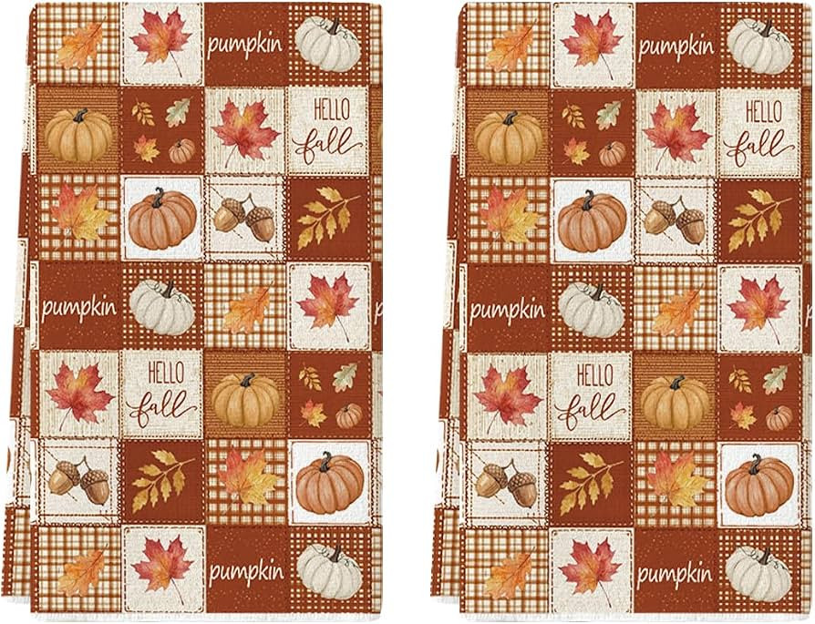 Artoid Mode Pumpkin Leaves Check Fall Kitchen Towels Set of 2 18x26 Inch | Amazon (US)