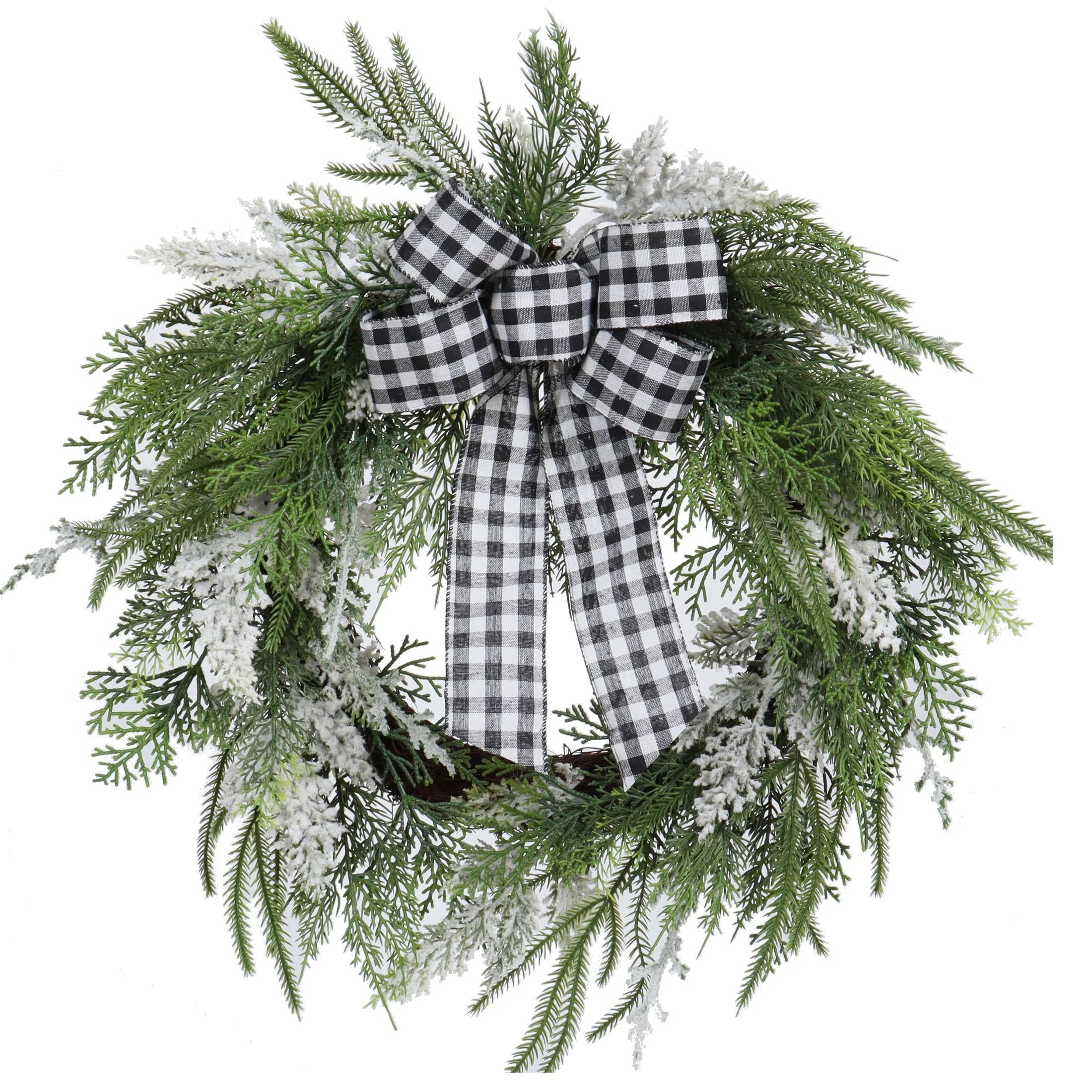 Holiday Time Black and White Gingham Bow Greenery Un-Lit Christmas Wreath, 26" - Walmart.com | Walmart (US)
