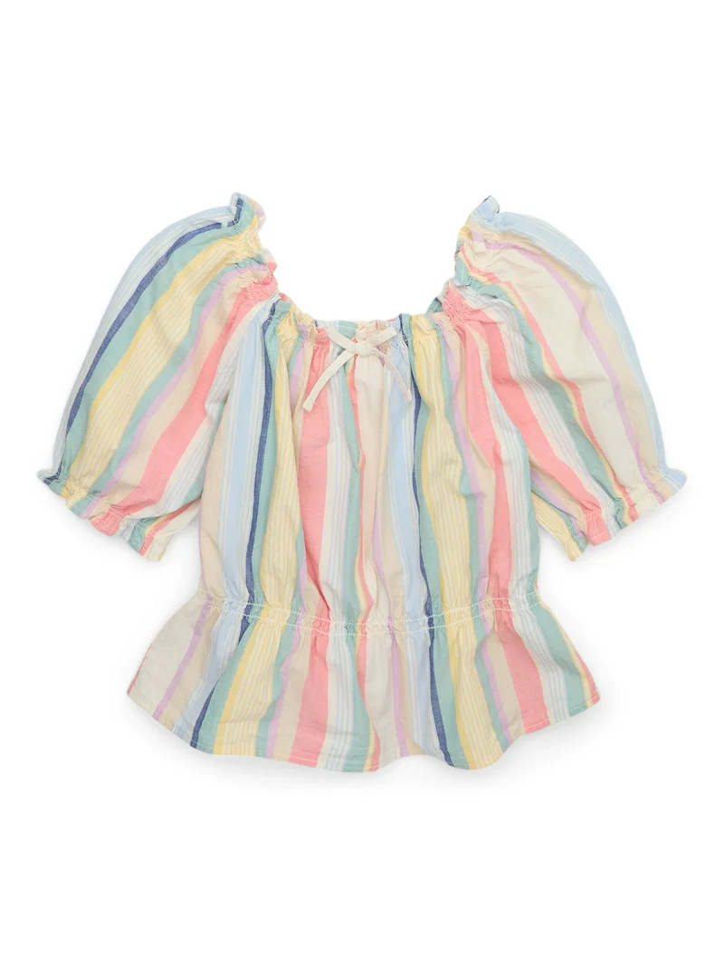 Wonder Nation Girls Poplin Shirred Top with Puff Sleeves, Sizes 4-18 & Plus | Walmart (US)