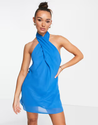 ASOS DESIGN soft halter mini dress with open back in blue | ASOS (Global)