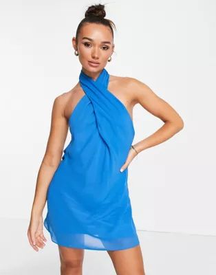ASOS DESIGN soft halter mini dress with open back in blue | ASOS (Global)