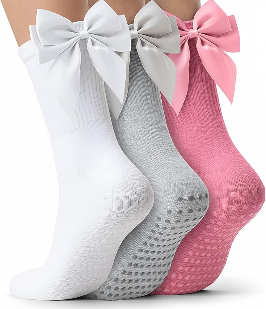 Cutecrop 3 Pairs Pilates Socks Non Slip Yoga Crew Sock Coquette Satin Bow Pilates Grip Socks for ... | Amazon (US)