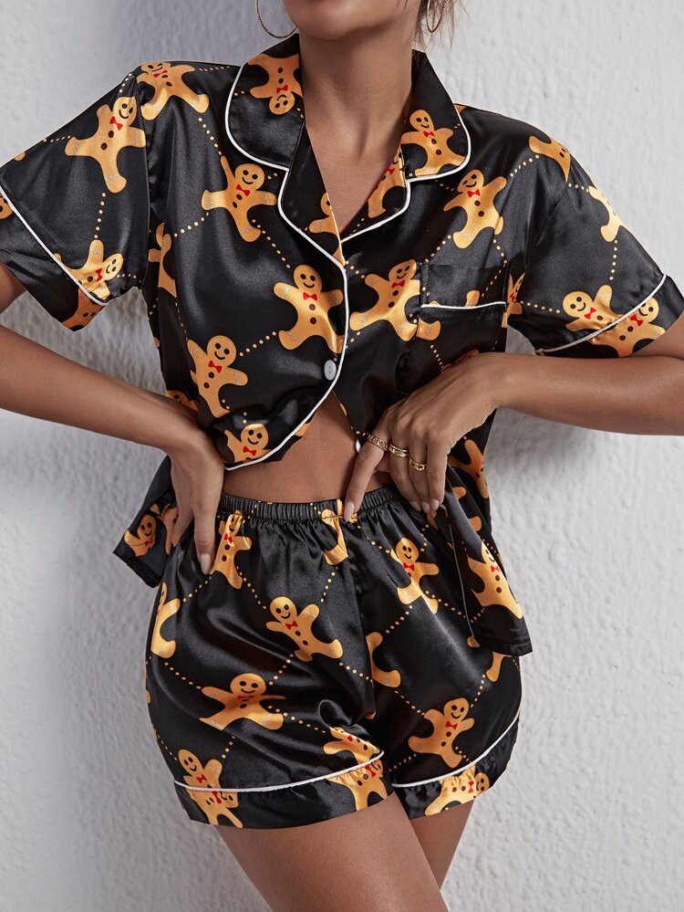 Christmas Gingerbread Man Contrast Binding Satin PJ Set | SHEIN