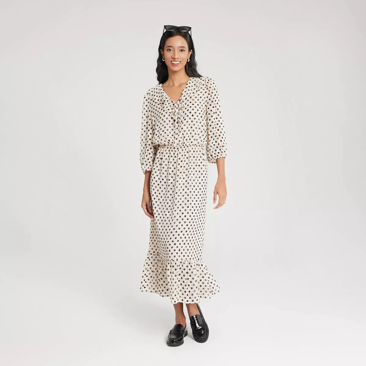 Women's Ruffled Neck Tie-Front Dress - A New Day™ White Polka Dot M | Target